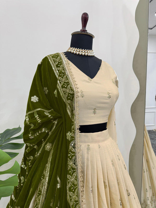 Cream Premium Silkyani Slab Lehenga Set with Thread & Sequin Work ClothsVilla