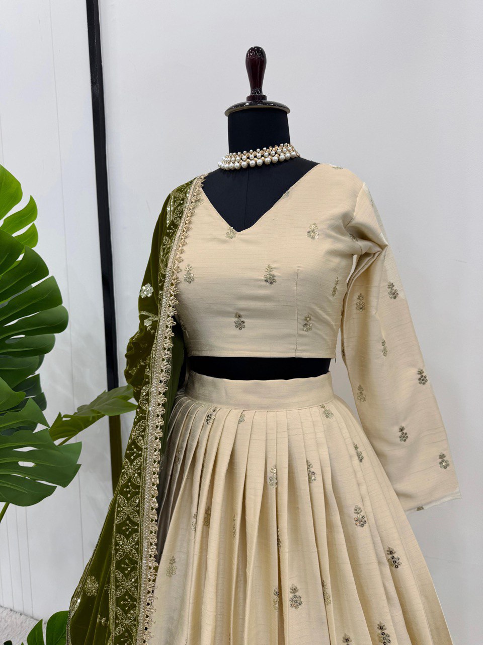 Cream Premium Silkyani Slab Lehenga Set with Thread & Sequin Work ClothsVilla