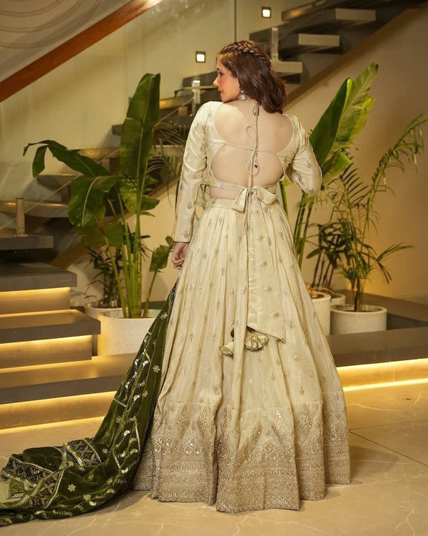 Cream Premium Silkyani Slab Lehenga Set with Thread & Sequin Work ClothsVilla
