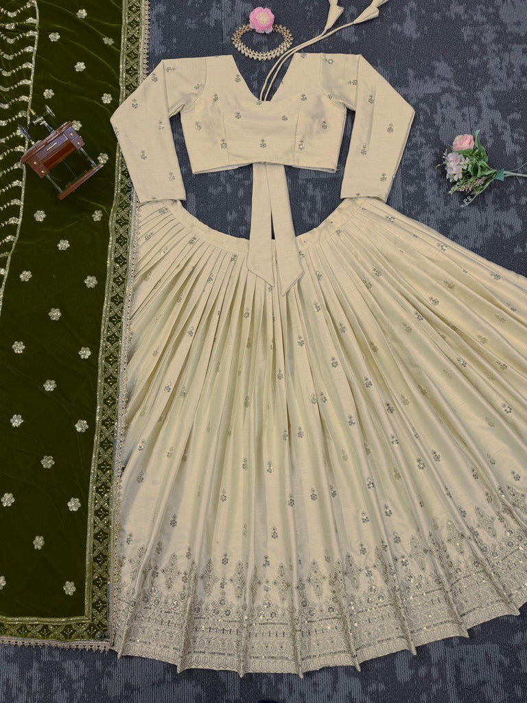 Cream Premium Silkyani Slab Lehenga Set with Thread & Sequin Work ClothsVilla