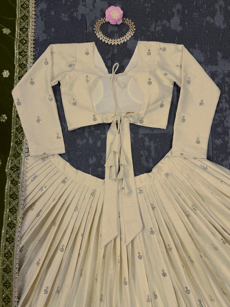 Cream Premium Silkyani Slab Lehenga Set with Thread & Sequin Work ClothsVilla