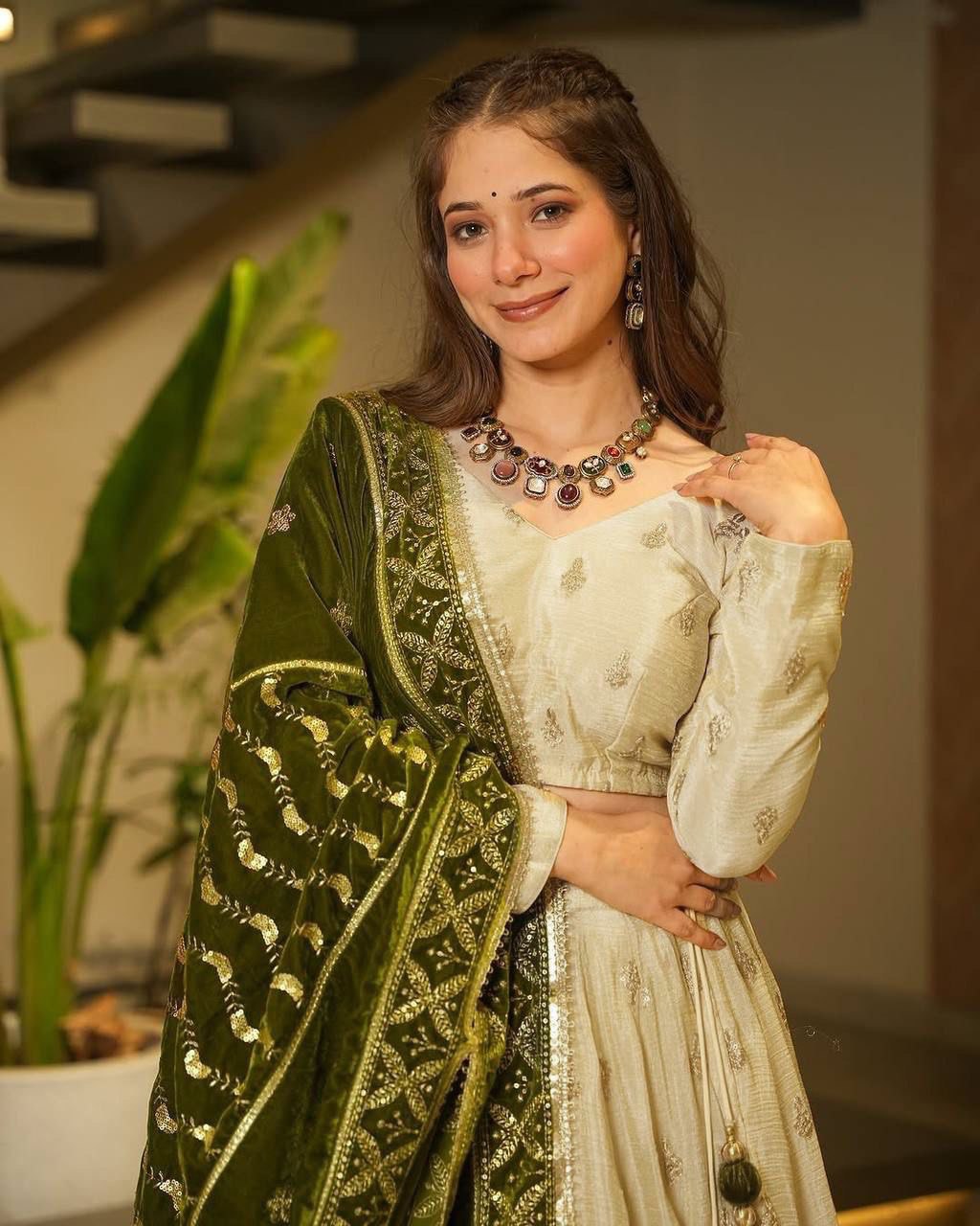 Cream Premium Silkyani Slab Lehenga Set with Thread & Sequin Work ClothsVilla