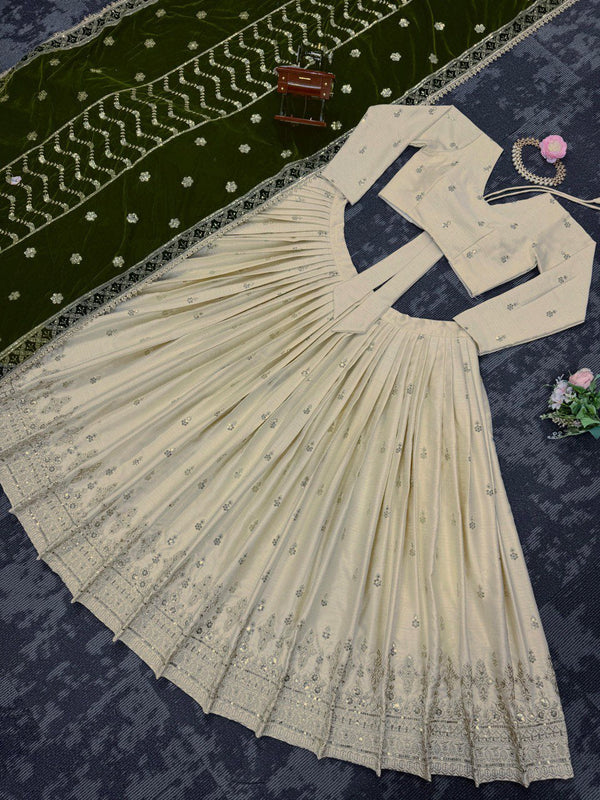 Cream Premium Silkyani Slab Lehenga Set with Thread & Sequin Work ClothsVilla