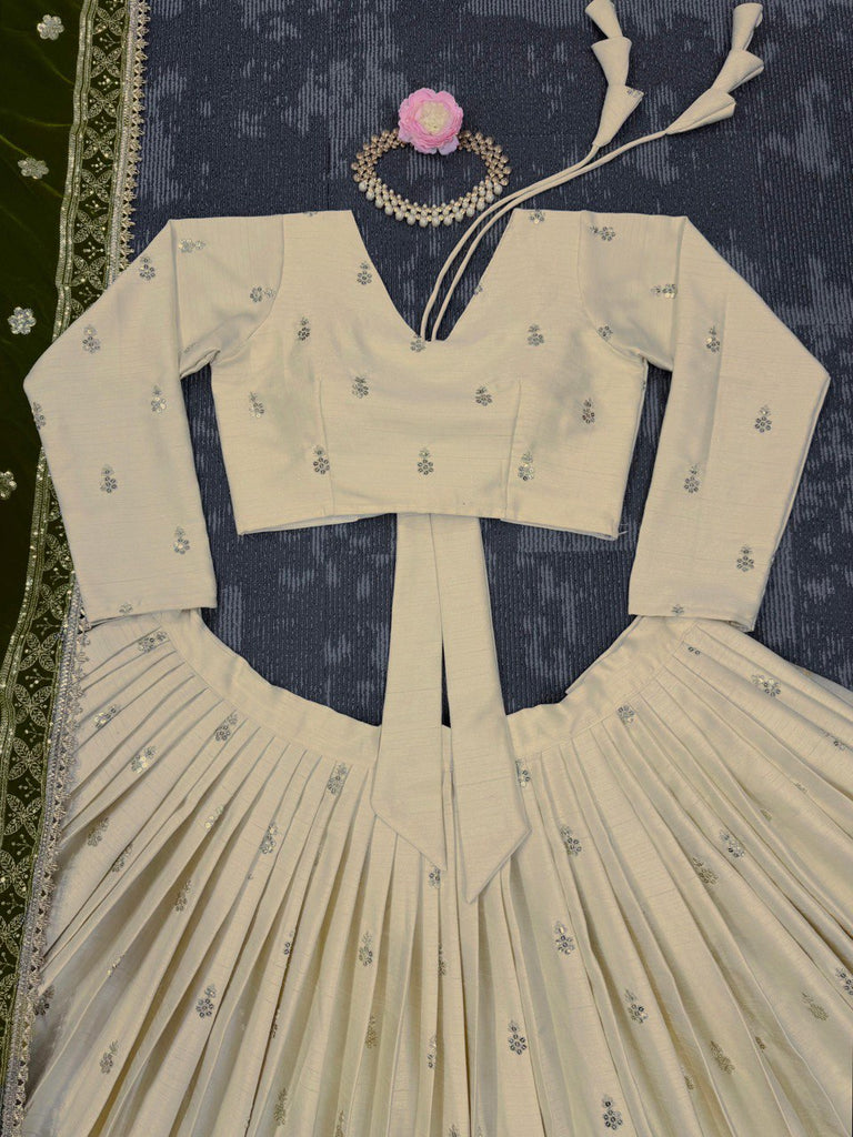 Cream Premium Silkyani Slab Lehenga Set with Thread & Sequin Work ClothsVilla