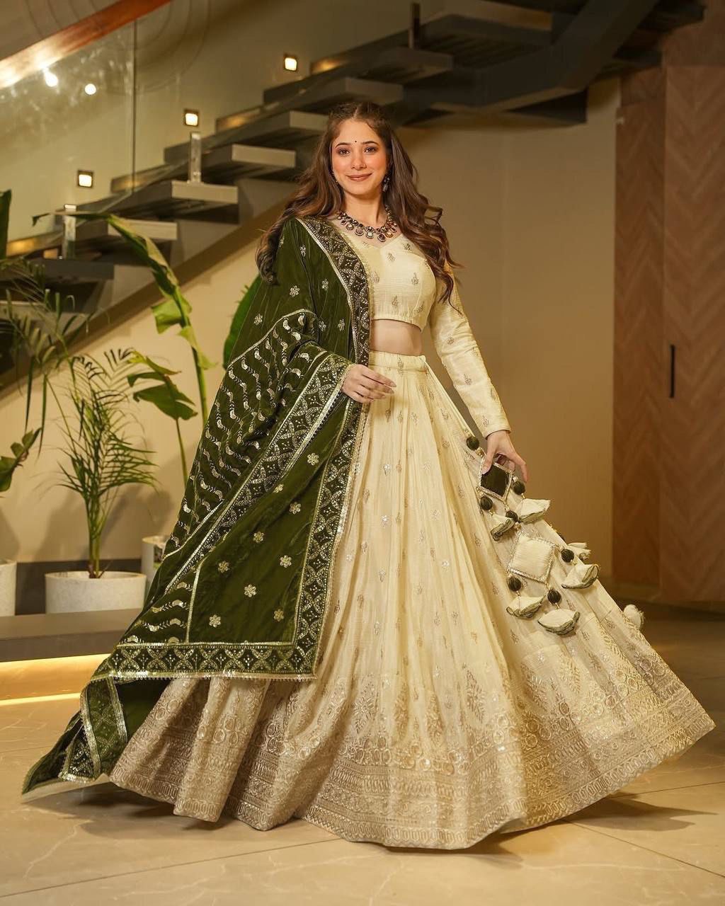 Cream Premium Silkyani Slab Lehenga Set with Thread & Sequin Work ClothsVilla Main image