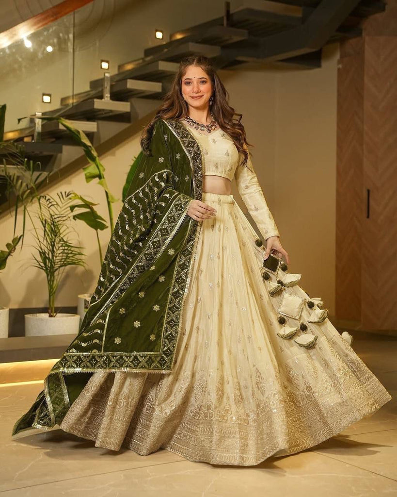 Cream Premium Silkyani Slab Lehenga Set with Thread & Sequin Work ClothsVilla