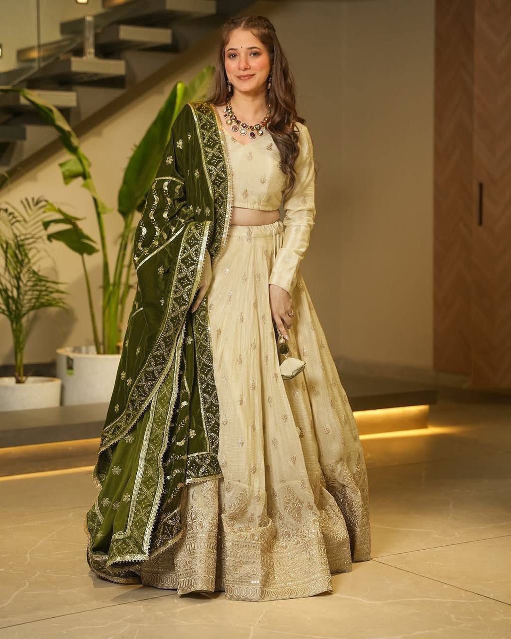 Cream Premium Silkyani Slab Lehenga Set with Thread & Sequin Work ClothsVilla