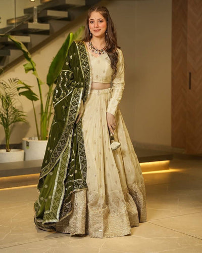 Cream Premium Silkyani Slab Lehenga Set with Thread & Sequin Work ClothsVilla