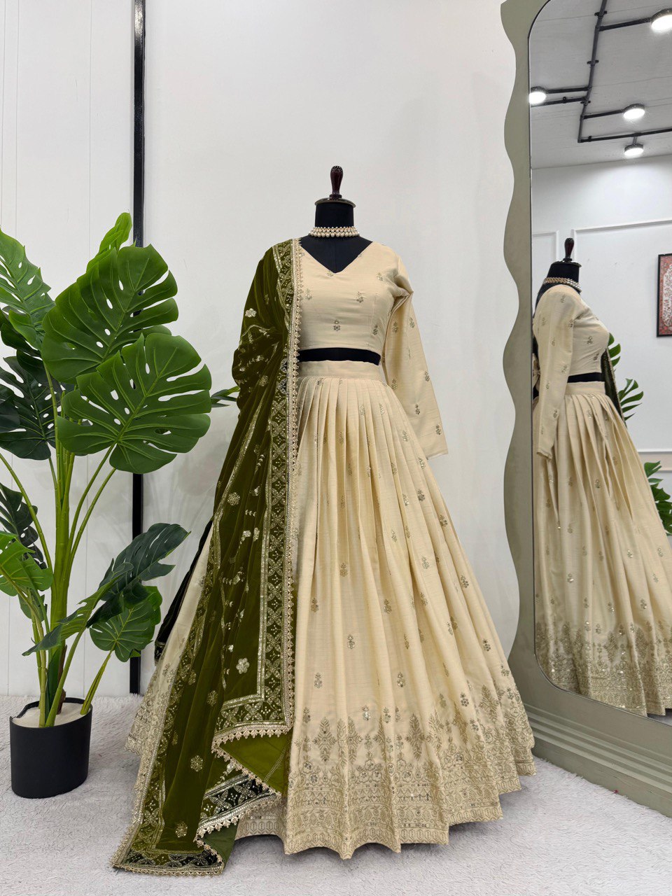 Cream Premium Silkyani Slab Lehenga Set with Thread & Sequin Work ClothsVilla