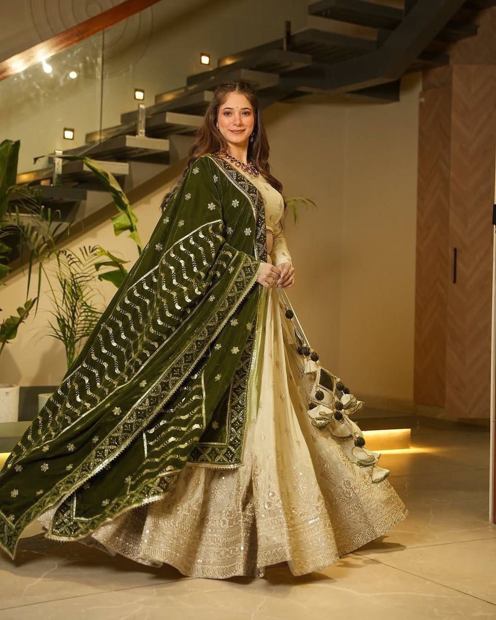 Cream Premium Silkyani Slab Lehenga Set with Thread & Sequin Work ClothsVilla