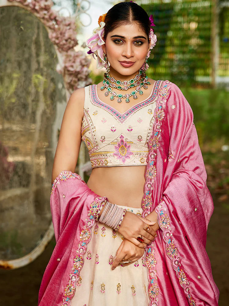 Cream Premium Tissue Sequin Embroidered Lehenga Choli Set with Ethnic Cutwork Dupatta & Handmade Tassels ClothsVilla