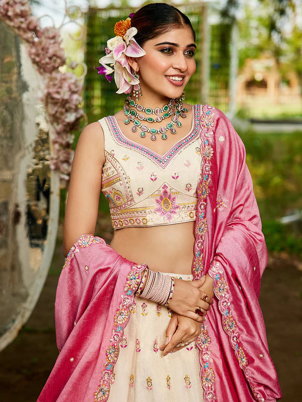 Cream Premium Tissue Sequin Embroidered Lehenga Choli Set with Ethnic Cutwork Dupatta & Handmade Tassels ClothsVilla