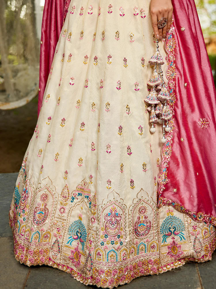 Cream Premium Tissue Sequin Embroidered Lehenga Choli Set with Ethnic Cutwork Dupatta & Handmade Tassels ClothsVilla