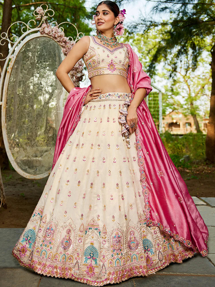 Cream Premium Tissue Sequin Embroidered Lehenga Choli Set with Ethnic Cutwork Dupatta & Handmade Tassels ClothsVilla