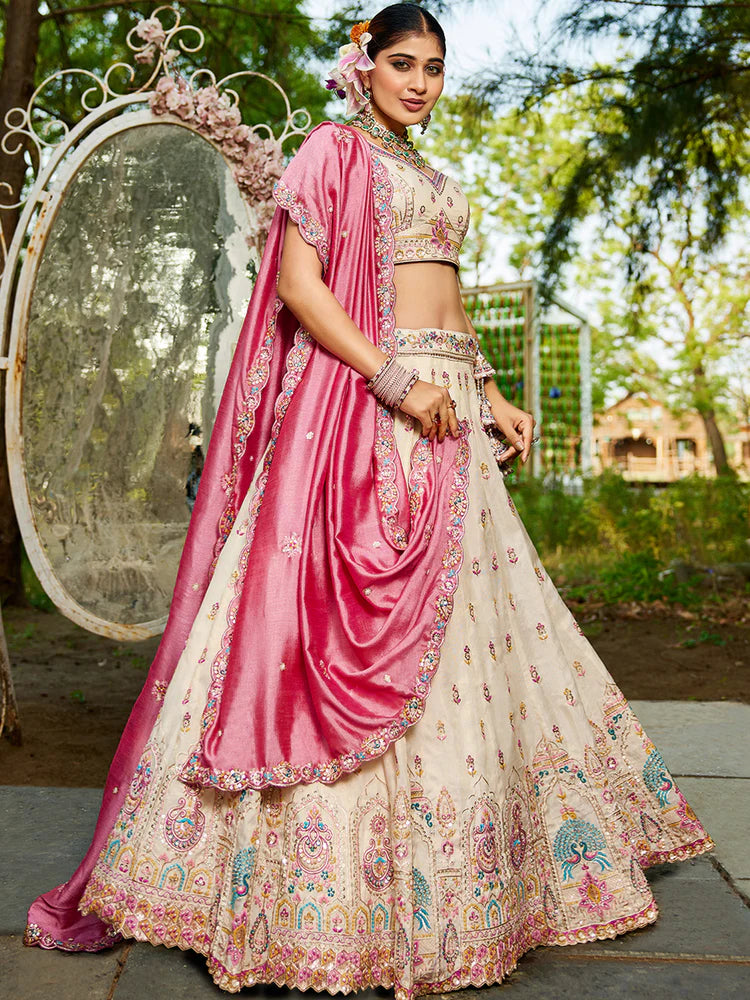 Cream Premium Tissue Sequin Embroidered Lehenga Choli Set with Ethnic Cutwork Dupatta & Handmade Tassels ClothsVilla