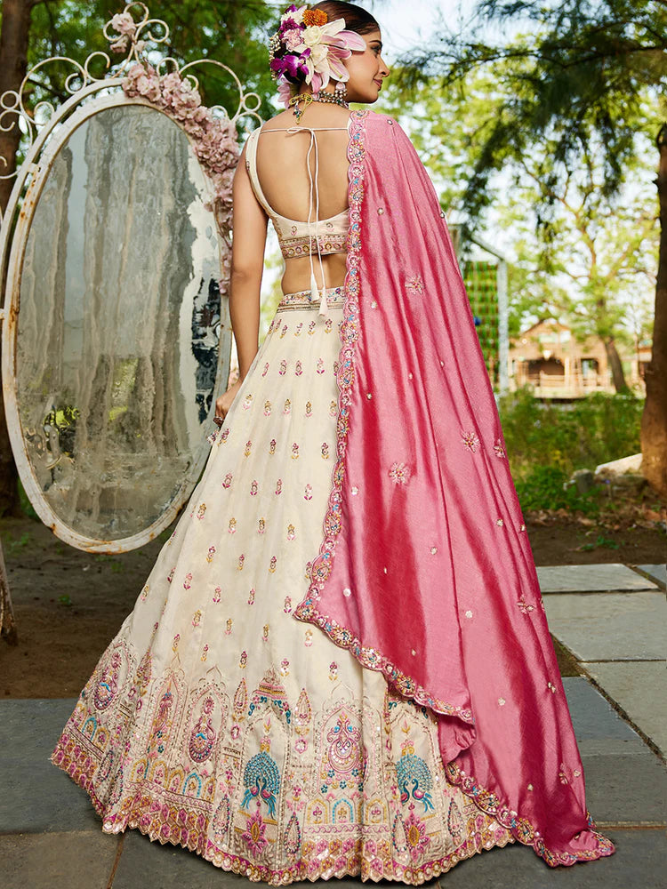 Cream Premium Tissue Sequin Embroidered Lehenga Choli Set with Ethnic Cutwork Dupatta & Handmade Tassels ClothsVilla