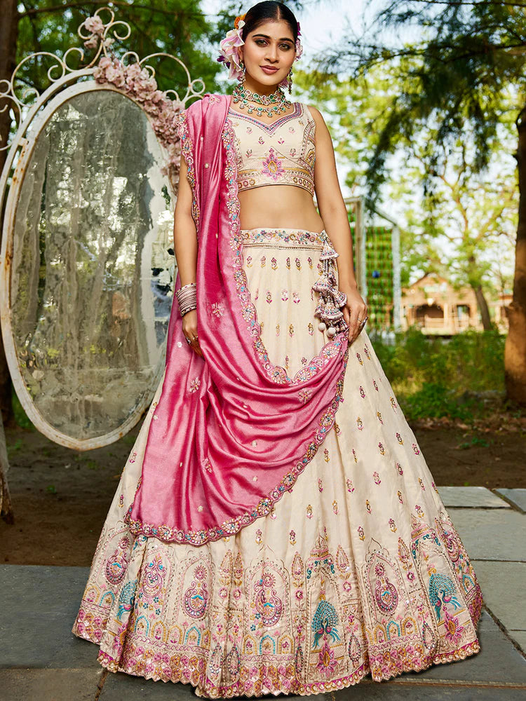 Cream Premium Tissue Sequin Embroidered Lehenga Choli Set with Ethnic Cutwork Dupatta & Handmade Tassels ClothsVilla