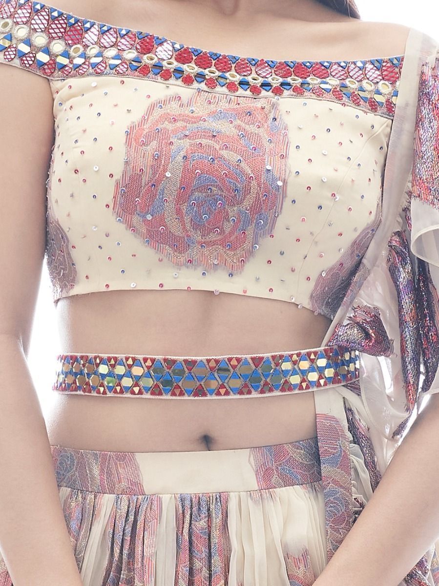 Cream Printed Jacquard Partywear Lehenga Choli with Ruffle Dupatta - Print Work, Embroidery Work, Mirror Work Clothsvilla