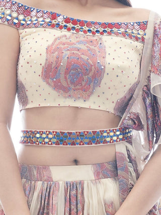 Cream Printed Jacquard Partywear Lehenga Choli with Ruffle Dupatta - Print Work, Embroidery Work, Mirror Work Clothsvilla
