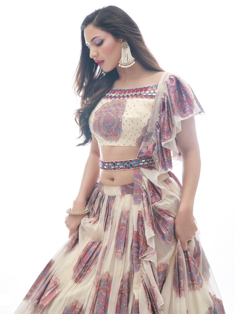 Cream Printed Jacquard Partywear Lehenga Choli with Ruffle Dupatta - Print Work, Embroidery Work, Mirror Work Clothsvilla