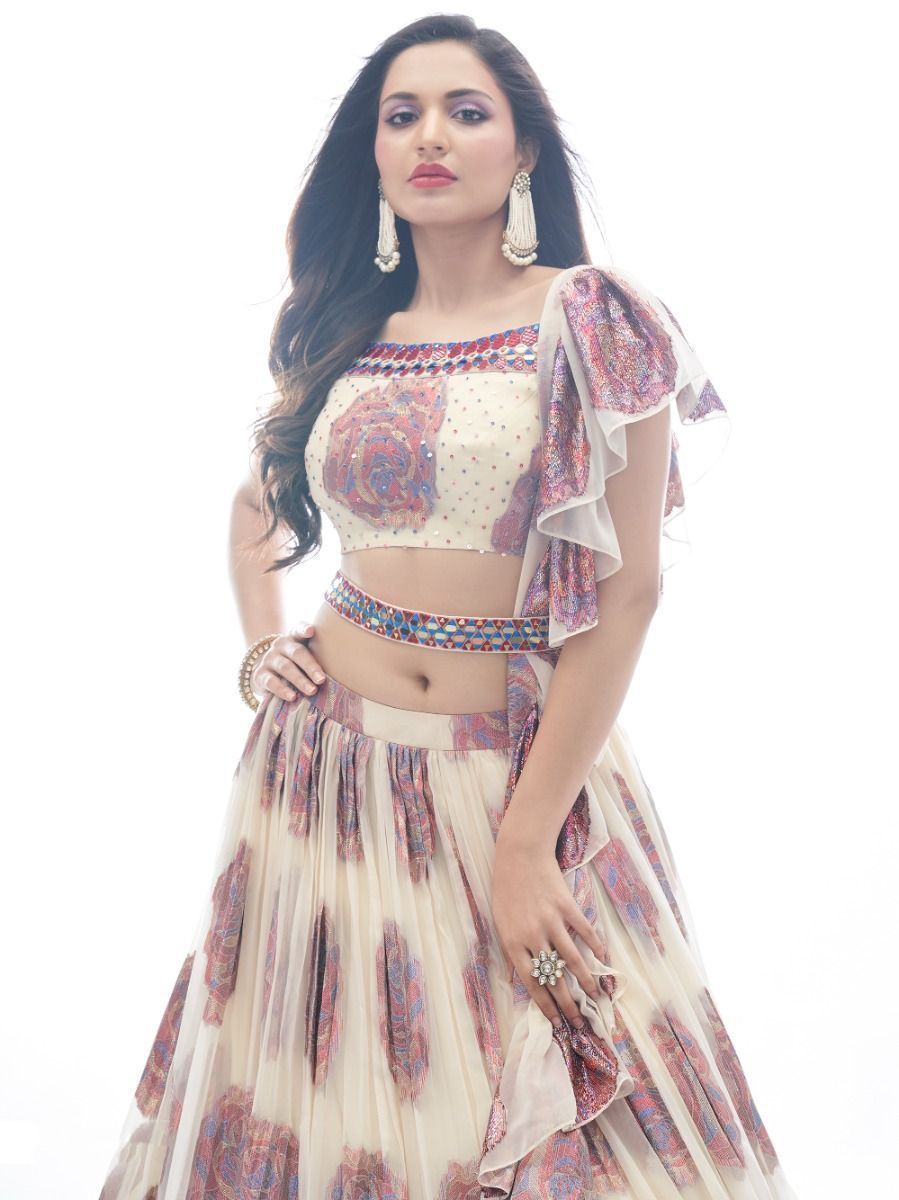 Cream Printed Jacquard Partywear Lehenga Choli with Ruffle Dupatta - Print Work, Embroidery Work, Mirror Work Clothsvilla