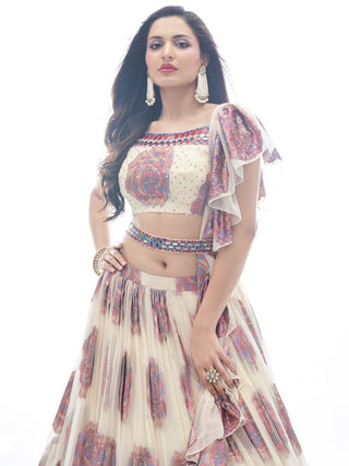 Cream Printed Jacquard Partywear Lehenga Choli with Ruffle Dupatta - Print Work, Embroidery Work, Mirror Work Clothsvilla