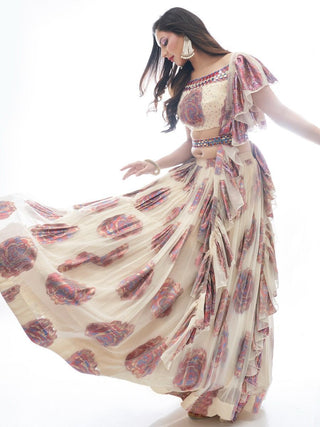 Cream Printed Jacquard Partywear Lehenga Choli with Ruffle Dupatta - Print Work, Embroidery Work, Mirror Work Clothsvilla