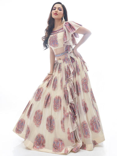 Cream Printed Jacquard Partywear Lehenga Choli with Ruffle Dupatta - Print Work, Embroidery Work, Mirror Work Clothsvilla