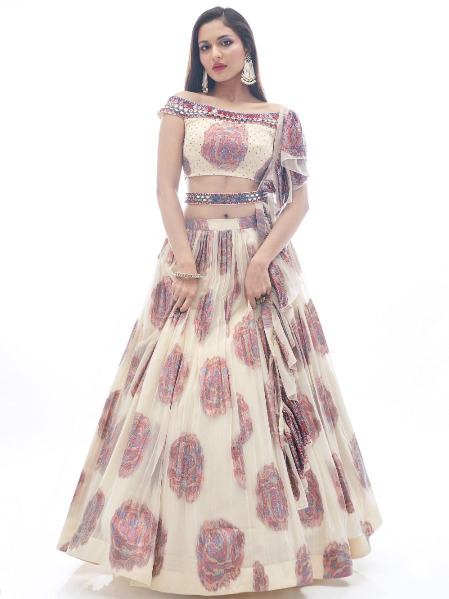 Cream Printed Jacquard Partywear Lehenga Choli with Ruffle Dupatta - Print Work, Embroidery Work, Mirror Work Clothsvilla