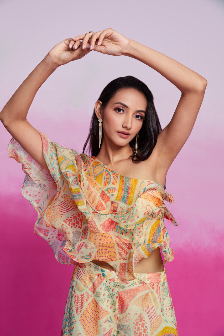 Cream Printed Organza Blouse & Palazzo Set Ready To Wear Ethnic Co-Ord Set ClothsVilla