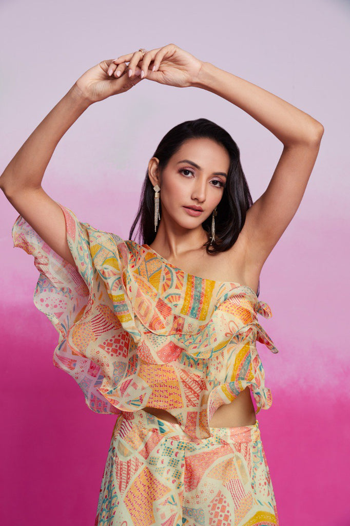 Cream Printed Organza Blouse & Palazzo Set Ready To Wear Ethnic Co-Ord Set ClothsVilla