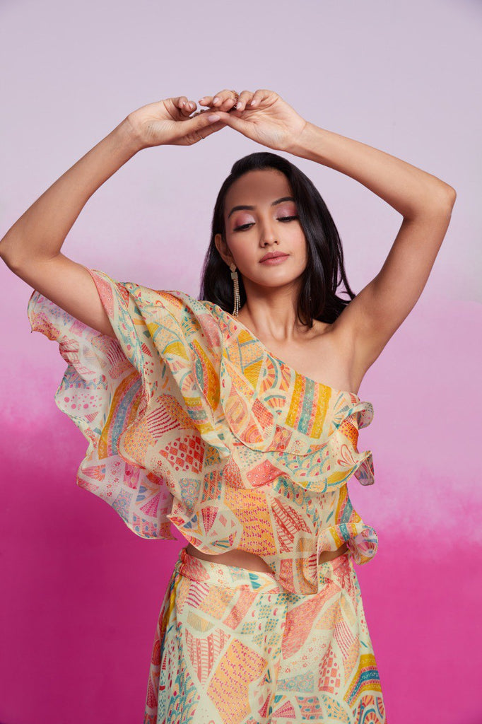 Cream Printed Organza Blouse & Palazzo Set Ready To Wear Ethnic Co-Ord Set ClothsVilla