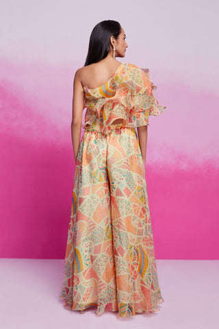 Cream Printed Organza Blouse & Palazzo Set Ready To Wear Ethnic Co-Ord Set ClothsVilla