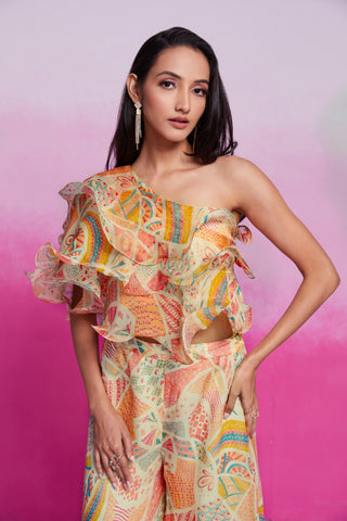 Cream Printed Organza Blouse & Palazzo Set Ready To Wear Ethnic Co-Ord Set ClothsVilla