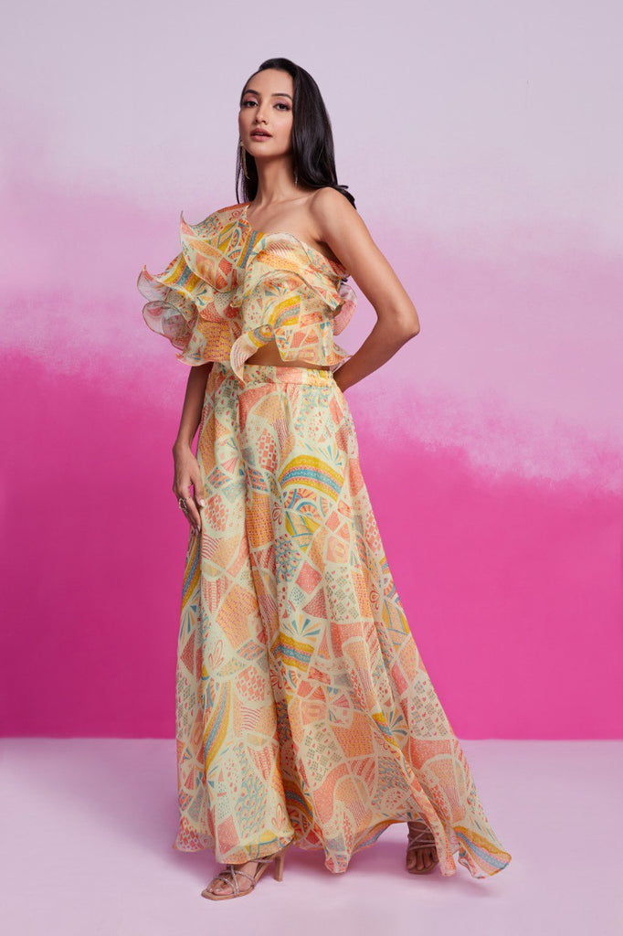 Cream Printed Organza Blouse & Palazzo Set Ready To Wear Ethnic Co-Ord Set ClothsVilla