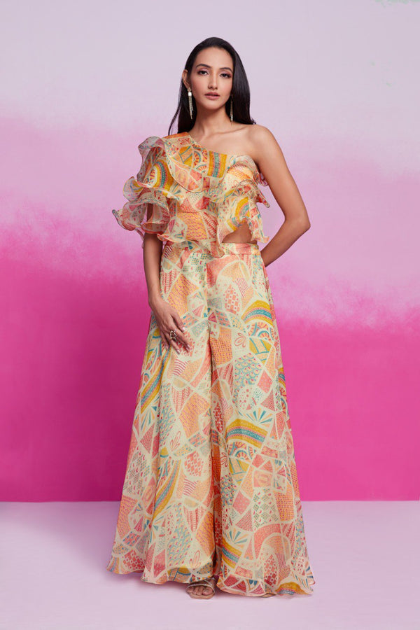 Cream Printed Organza Blouse & Palazzo Set Ready To Wear Ethnic Co-Ord Set ClothsVilla