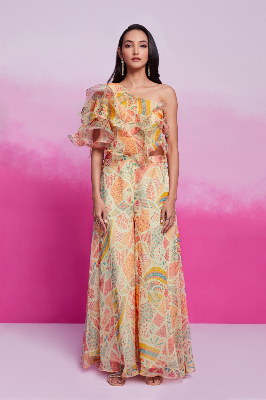 Cream Printed Organza Blouse & Palazzo Set Ready To Wear Ethnic Co-Ord Set Secondary image