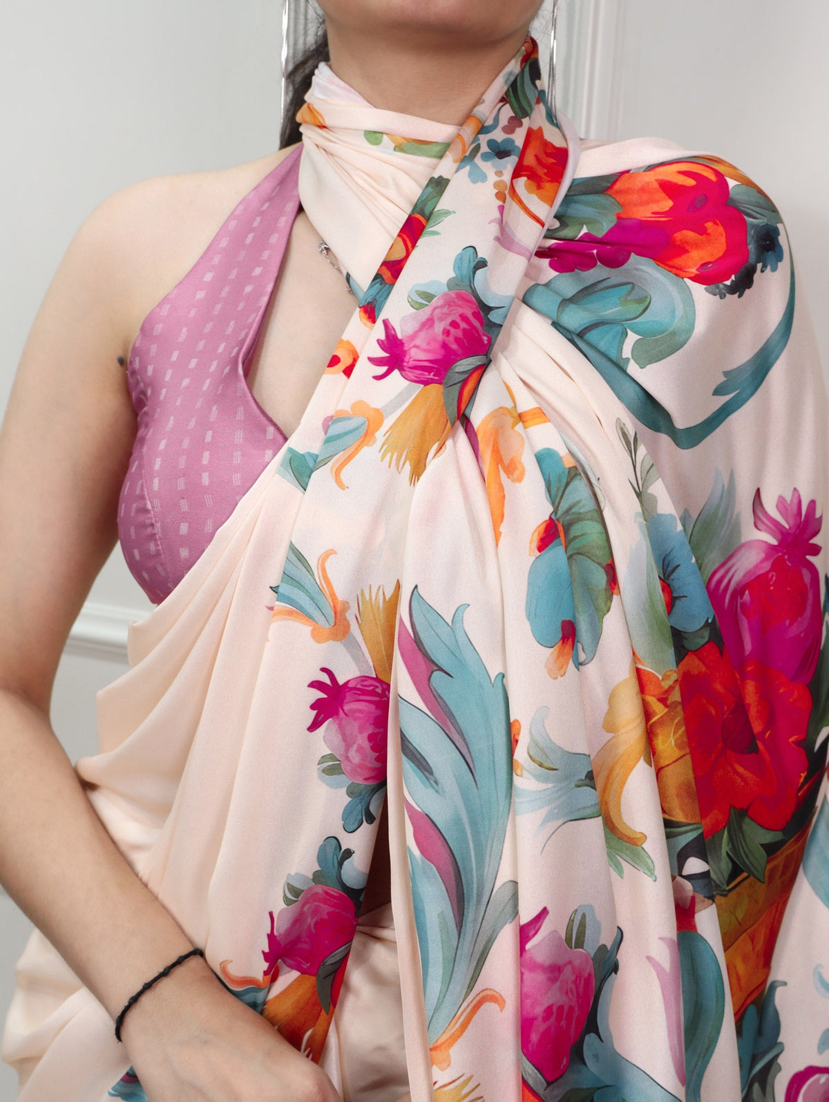 Cream Printed Satin Silk Saree ClothsVilla