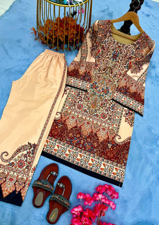Cream Pure Natural Crepe Digital Print Co-Ord Set Fully Stitched Top & Plazzo ClothsVilla