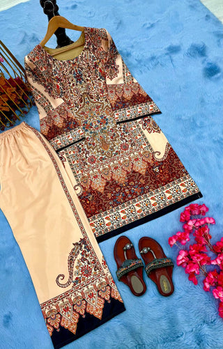 Cream Pure Natural Crepe Digital Print Co-Ord Set Fully Stitched Top & Plazzo ClothsVilla