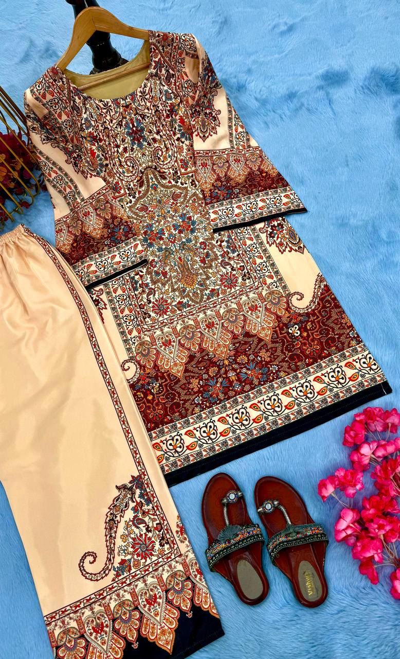 Cream Pure Natural Crepe Digital Print Co-Ord Set Fully Stitched Top & Plazzo ClothsVilla