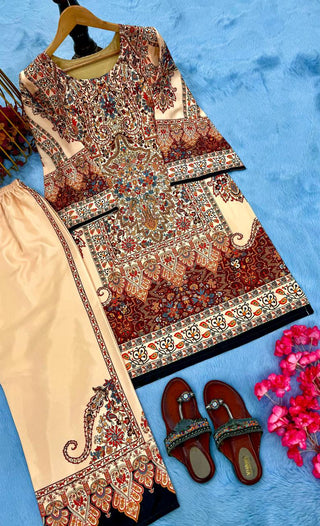 Cream Pure Natural Crepe Digital Print Co-Ord Set Fully Stitched Top & Plazzo ClothsVilla