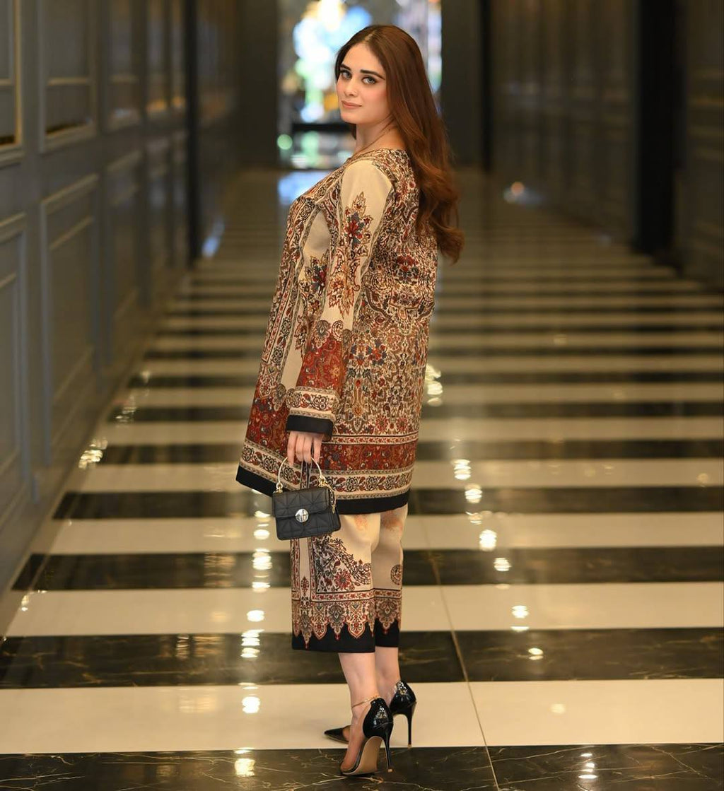 Cream Pure Natural Crepe Digital Print Co-Ord Set Fully Stitched Top & Plazzo ClothsVilla