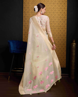 Cream Radiant Floral Printed Saree with Zari Border ClothsVilla