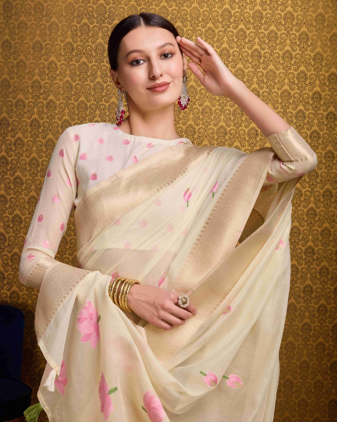 Cream Radiant Floral Printed Saree with Zari Border ClothsVilla
