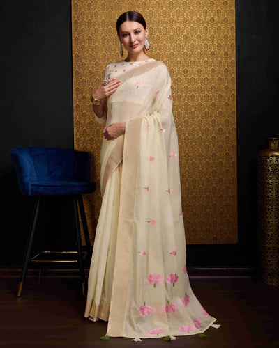 Cream Radiant Floral Printed Saree with Zari Border ClothsVilla
