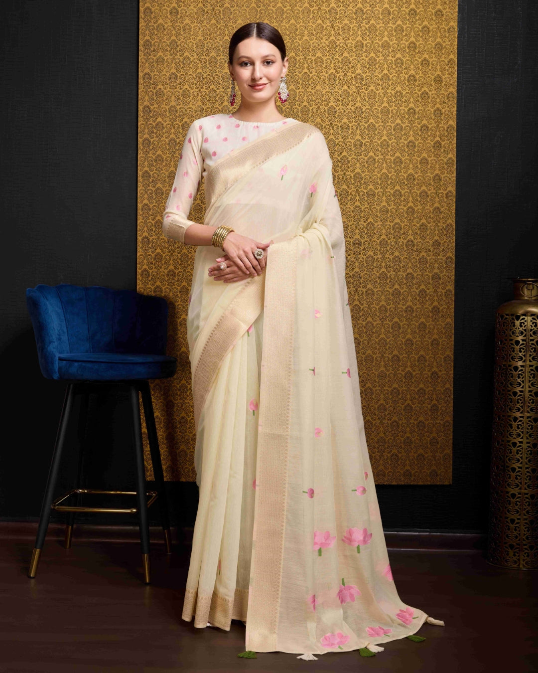 Cream Radiant Floral Printed Saree with Zari Border ClothsVilla Main image