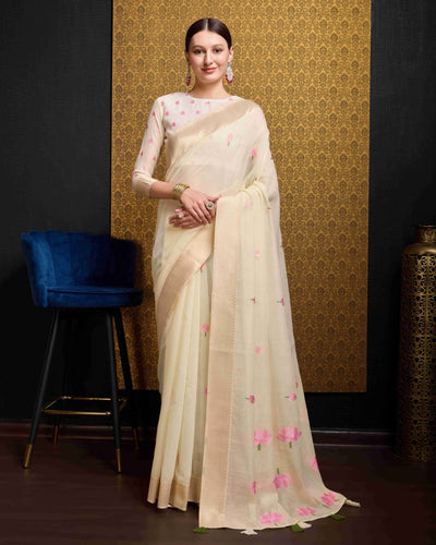 Cream Radiant Floral Printed Saree with Zari Border ClothsVilla