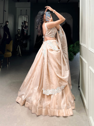Cream Radiant Gold Crush Lehenga Set – Luxe Elegance with Jarkan Diamond & Sequin Embroidery ClothsVilla