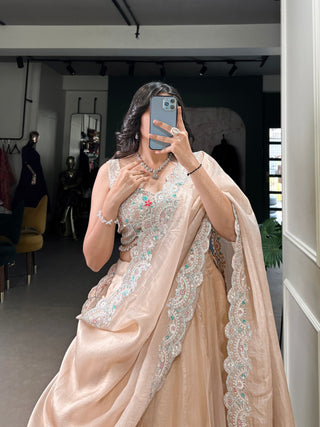Cream Radiant Gold Crush Lehenga Set – Luxe Elegance with Jarkan Diamond & Sequin Embroidery ClothsVilla